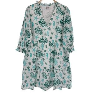 Charlee Dress Size Medium Aqua Sea Life Print Ruffle Cotton Beach Resort Coastal